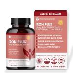 Iron Supplement for Women & Men, Natural Ferrous Chelate, Bisglycinate 25mg + Vitamin C, B6, B12, Folic Acid - IronPills for Iron Deficiency & Energy Support - 120 Count