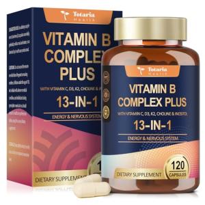 13-in-1 Vitamin B Complex Plus with Vitamin B1, B2, B3 (Niacinamide), B4, B5, B6, B7 (Biotin), B8 (Inositol), B9 (Folate), B12, C, D3, K2 - Energy, Nerve, Immune, Skin Support - 120 Vegan Capsules