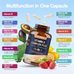 13-in-1 Vitamin B Complex Plus with Vitamin B1, B2, B3 (Niacinamide), B4, B5, B6, B7 (Biotin), B8 (Inositol), B9 (Folate), B12, C, D3, K2 - Energy, Nerve, Immune, Skin Support - 120 Vegan Capsules