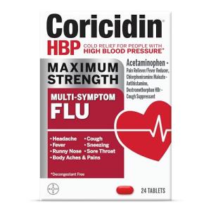 Coricidin HBP Maximum Strength Multi-Symptom Flu Tablets For Body Aches, Body Pains Cold and Cough Relief: Flu Medicine for Adults with High Blood Pressure - 24 Count