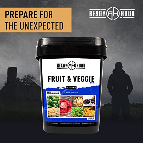 Ready Hour, Fruit & Veggie Mix, Real Non-Perishable Freeze-Dried Food, 30-Year Shelf Life, Portable Emergency and Adventure Food Supply, Durable Flood Safe Container, 56 Servings
