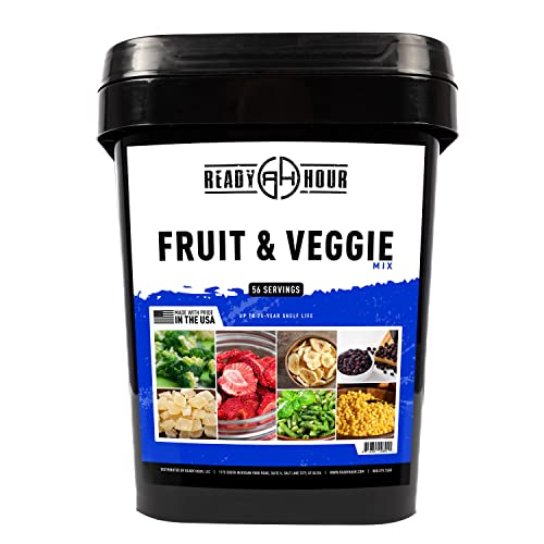 Ready Hour, Fruit & Veggie Mix, Real Non-Perishable Freeze-Dried Food, 30-Year Shelf Life, Portable Emergency and Adventure Food Supply, Durable Flood Safe Container, 56 Servings