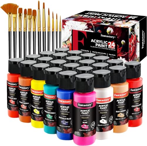 Fantastory Acrylic Paint Set, 24 Classic Colors, 3 Brushes