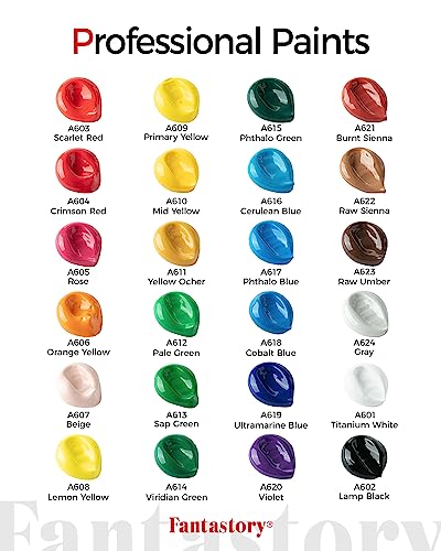 Fantastory Acrylic Paint Set, 24 Classic Colors, 3 Brushes