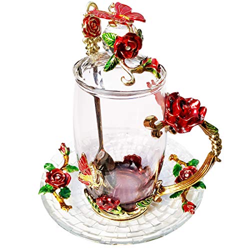 Fancy Glass Tea Cup with Lid - Tall Red