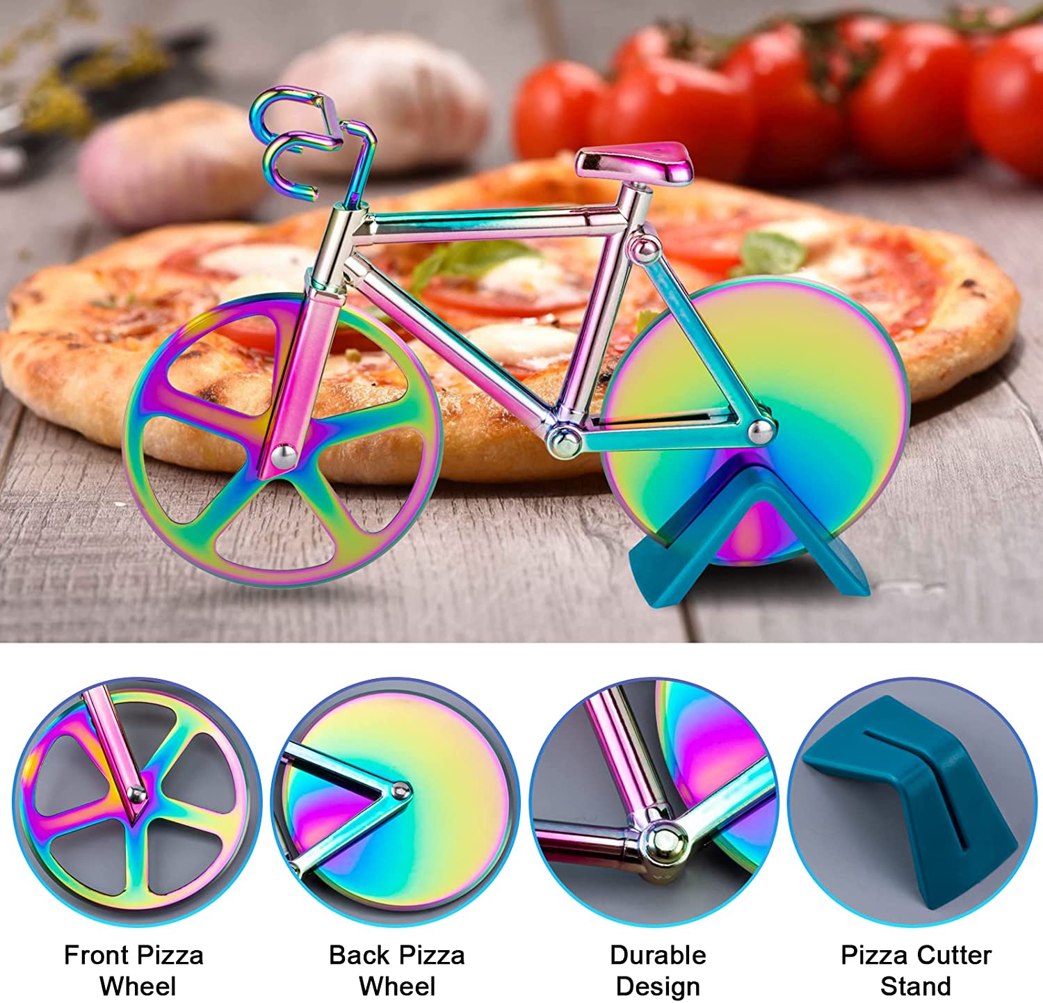 Multi-Colored Bike Pizza Cutter with Stand and Shovel