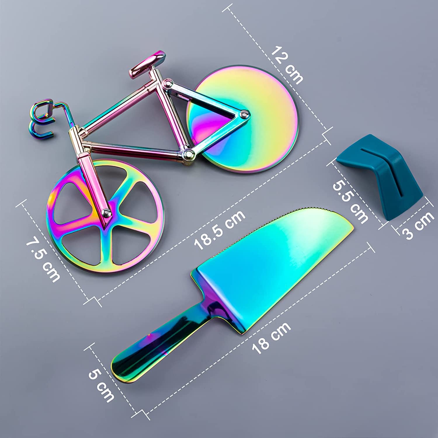 Multi-Colored Bike Pizza Cutter with Stand and Shovel