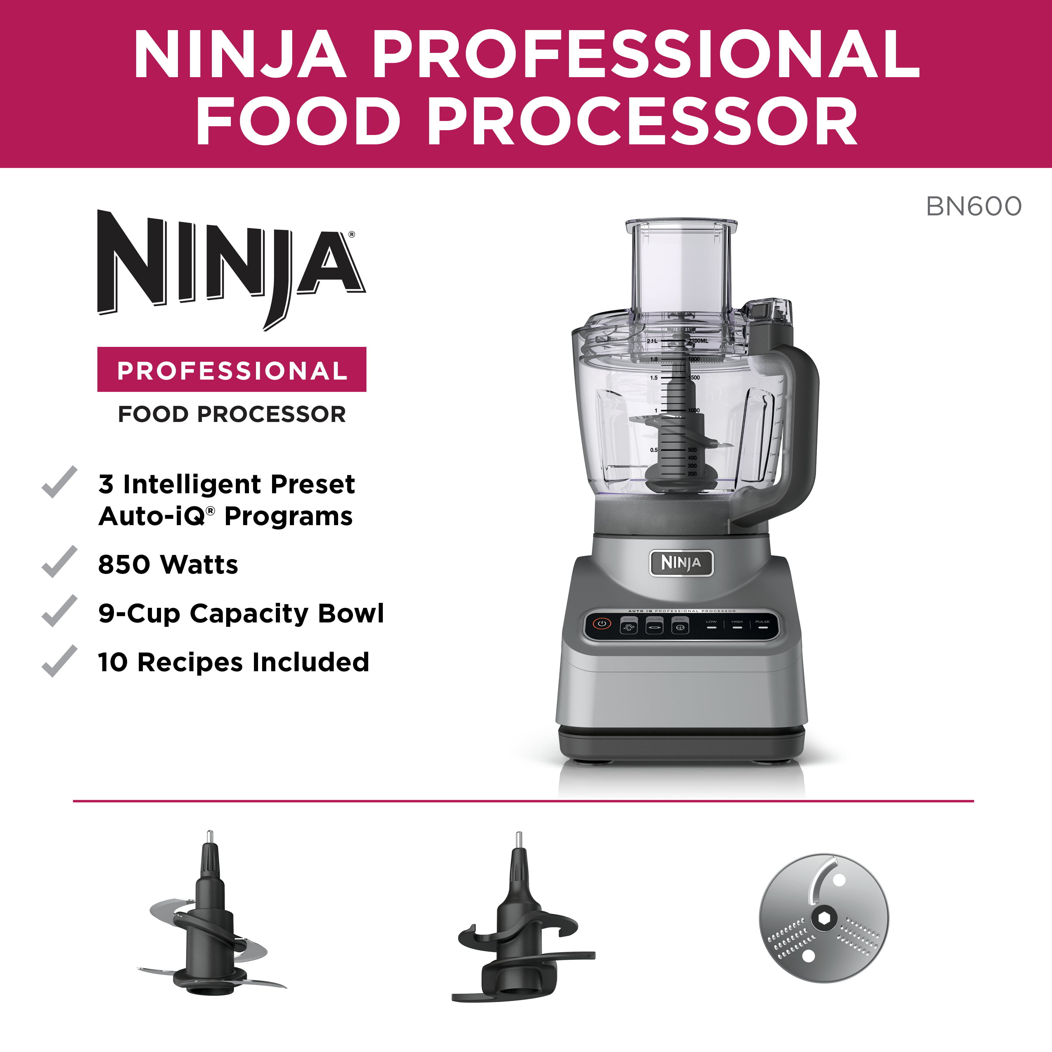 Ninja Pro Food Processor, 850W, 9-Cup, Auto-iQ