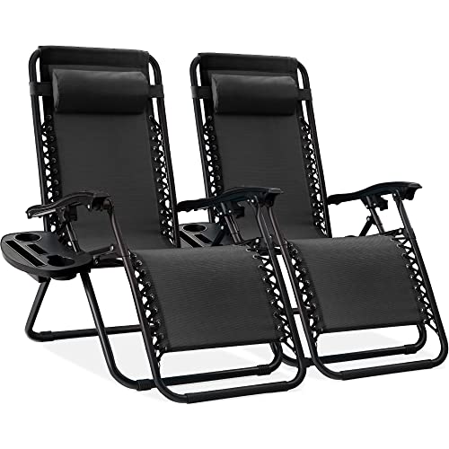 2 Adjustable Steel Mesh Zero Gravity Lounge Chairs with Pillows