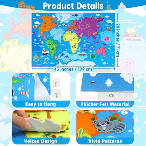 Taika World Felt Map with Famous Sights, Educational Flannel Board Set