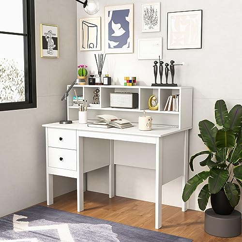 Tangkula White Computer Desk with Storage Drawers & Bookshelves