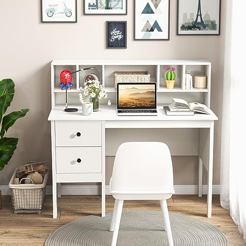 Tangkula White Computer Desk with Storage Drawers & Bookshelves