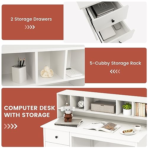 Tangkula White Computer Desk with Storage Drawers & Bookshelves