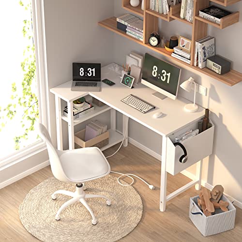 White L Shaped Computer Desk with Power Shelves