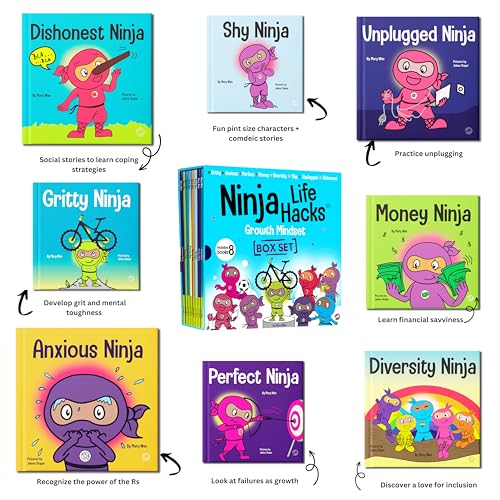 Ninja Life Hacks Growth Mindset 8 Book Box Set (Books 9-16: Perfect, Money, Anxious, Gritty, Dishonest, Shy, Unplugged, Diversity) by Mary Nhin
