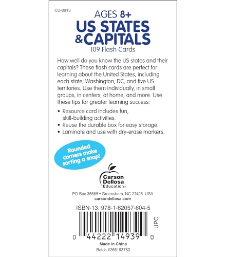 Carson Dellosa 109-Piece States and Capitals Flash Cards for Kids, Classroom Geography Games for Kids 8-12, Picture Flash Card Learning Resources, Grade 3-5