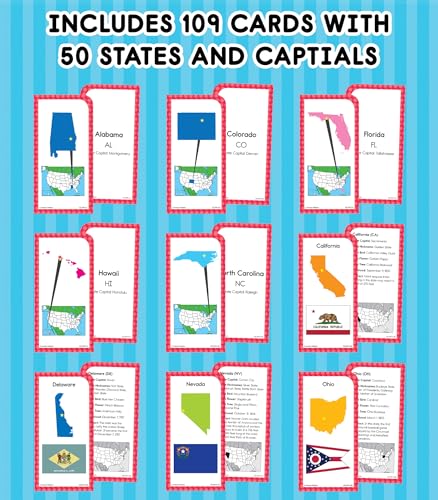 Carson Dellosa 109-Piece States and Capitals Flash Cards for Kids, Classroom Geography Games for Kids 8-12, Picture Flash Card Learning Resources, Grade 3-5