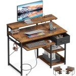 Rustic Brown Small Computer Desk with Power Outlets