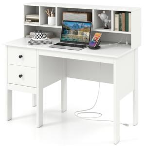 Tangkula White Computer Desk with Storage Drawers & Bookshelves