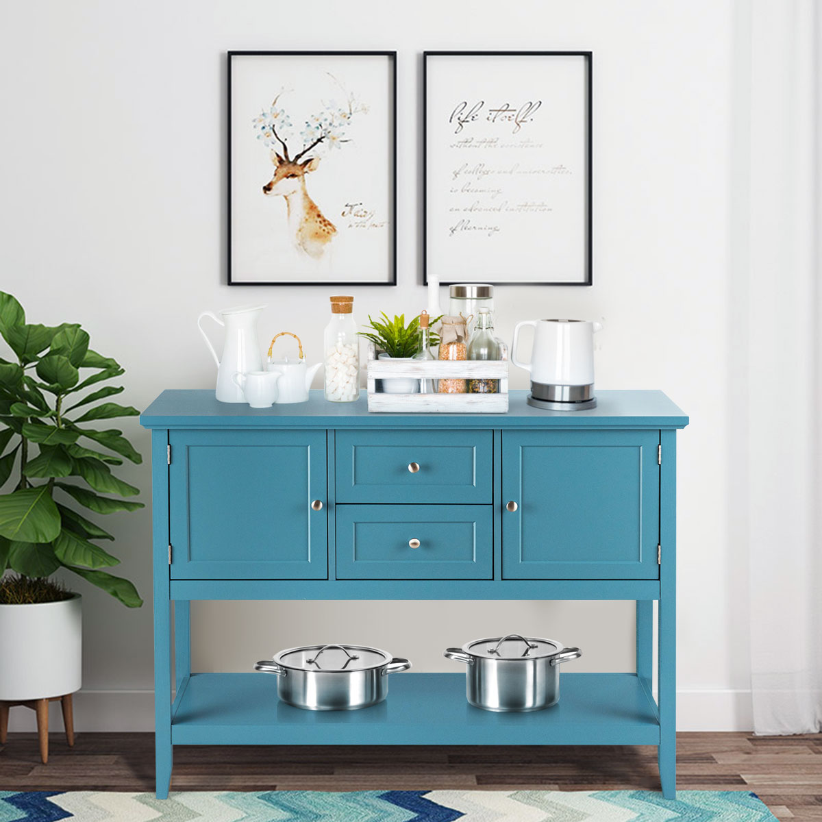 Blue Wooden Sideboard with Drawers & Storage Cabinets