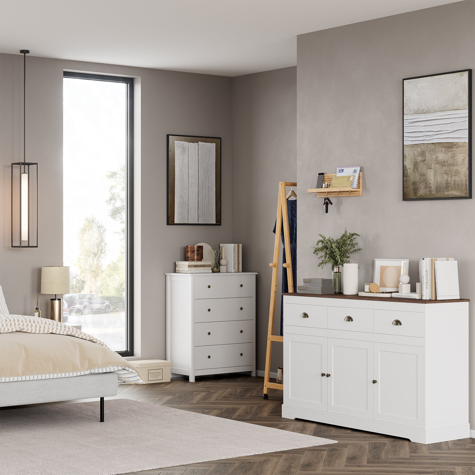 White Sideboard Cabinet with 3 Drawers & Doors