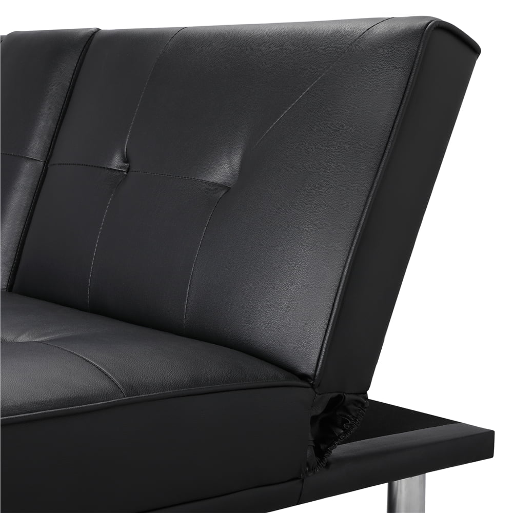 Black Faux Leather Futon with Cupholders and Pillows