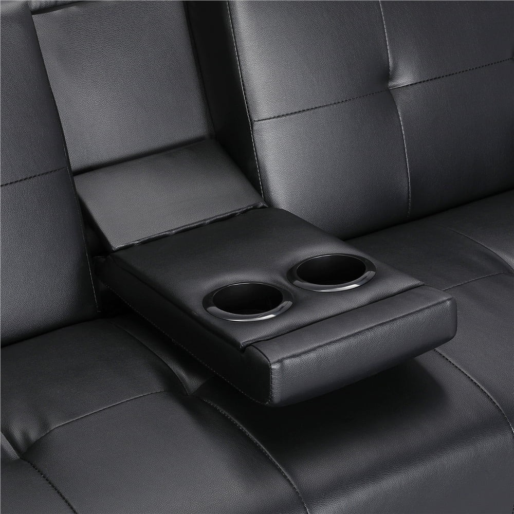 Black Faux Leather Futon with Cupholders and Pillows