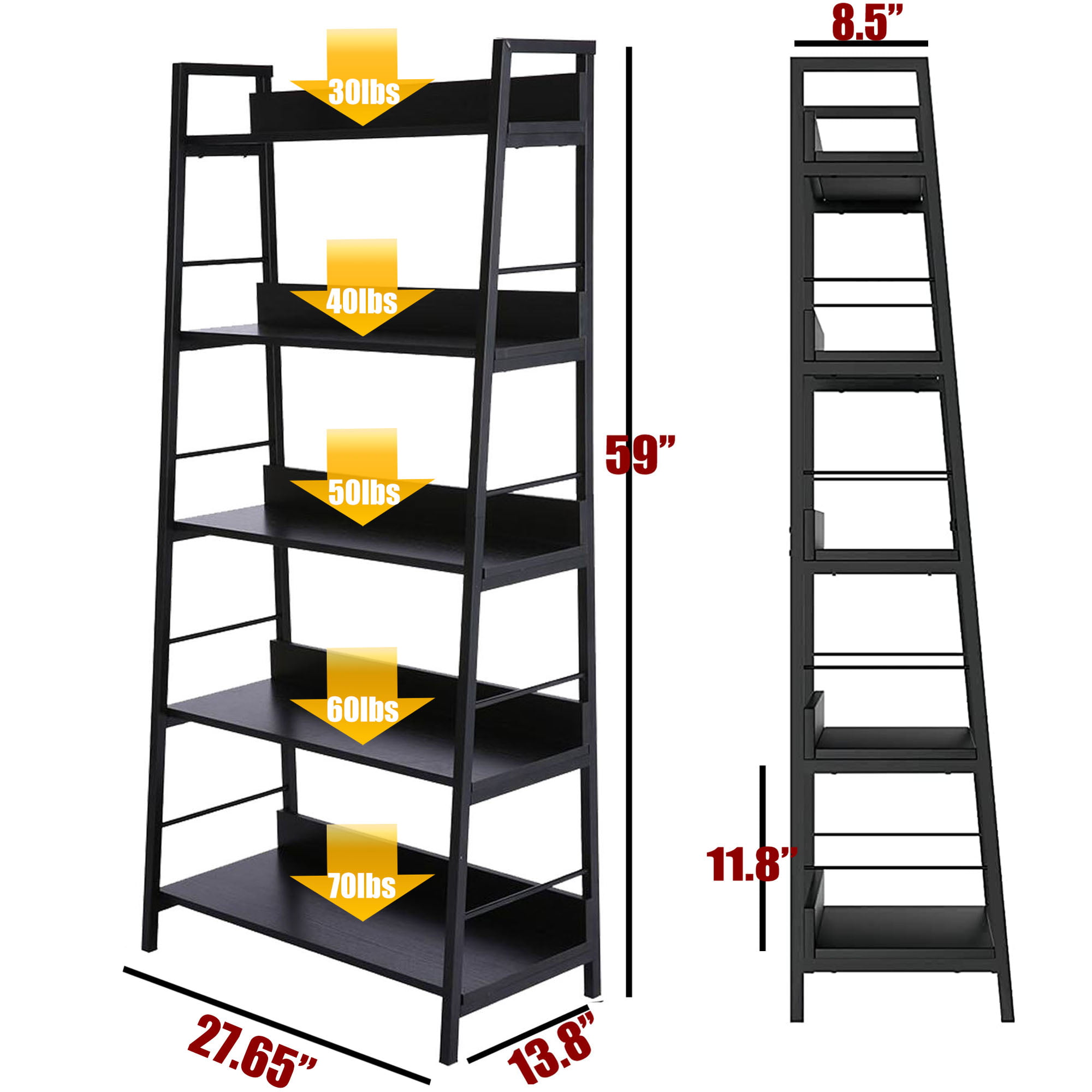 5-Tier Black Ladder Bookshelf for Home Office