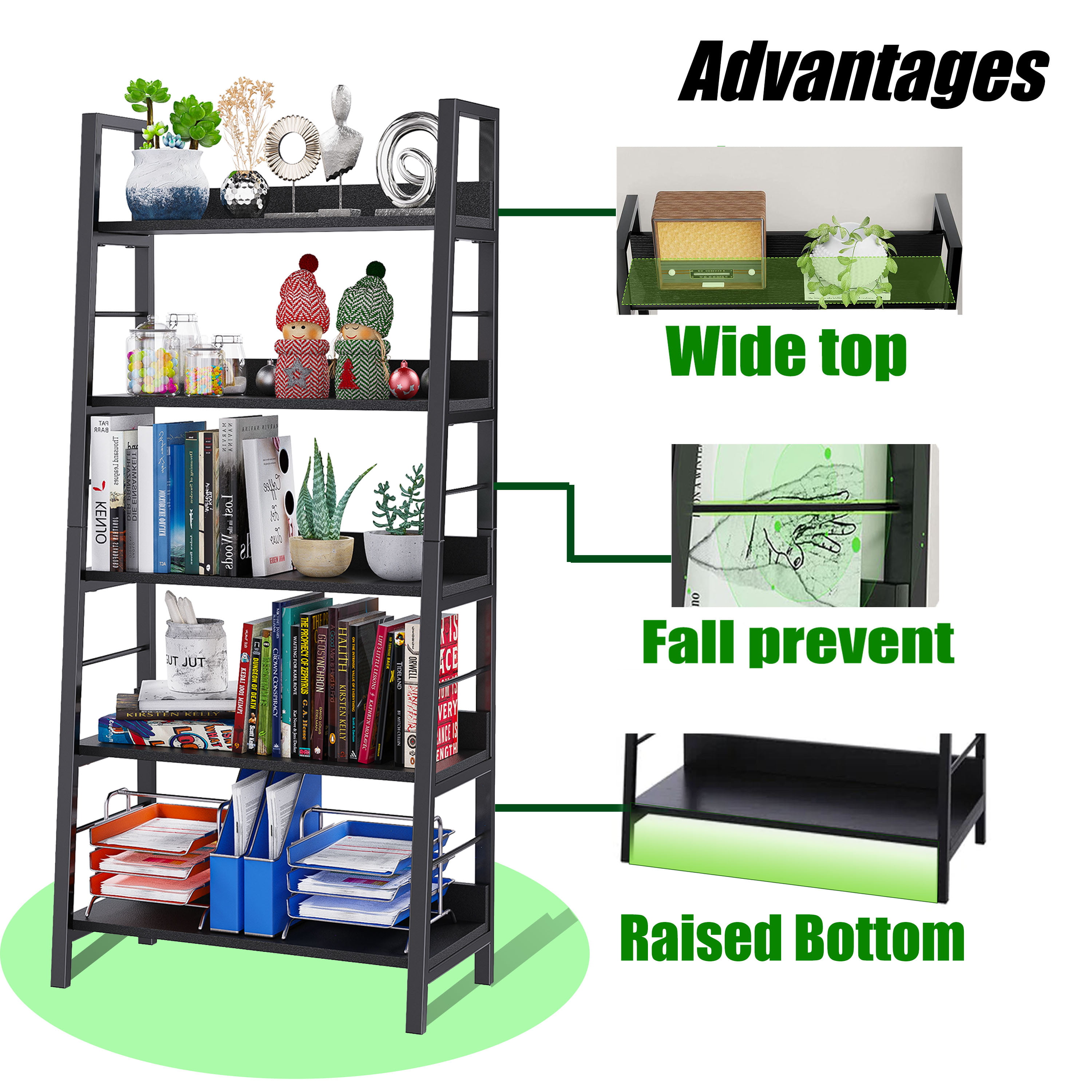 5-Tier Black Ladder Bookshelf for Home Office