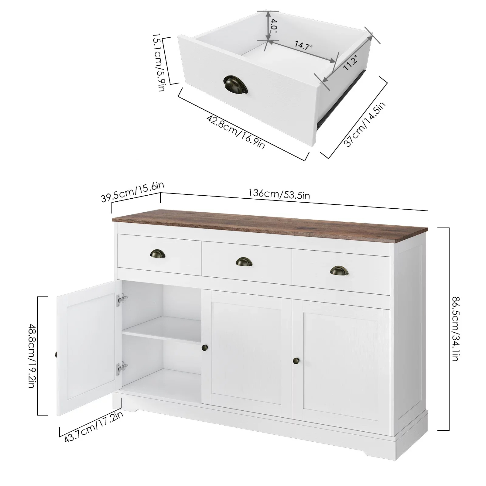 White Sideboard Cabinet with 3 Drawers & Doors