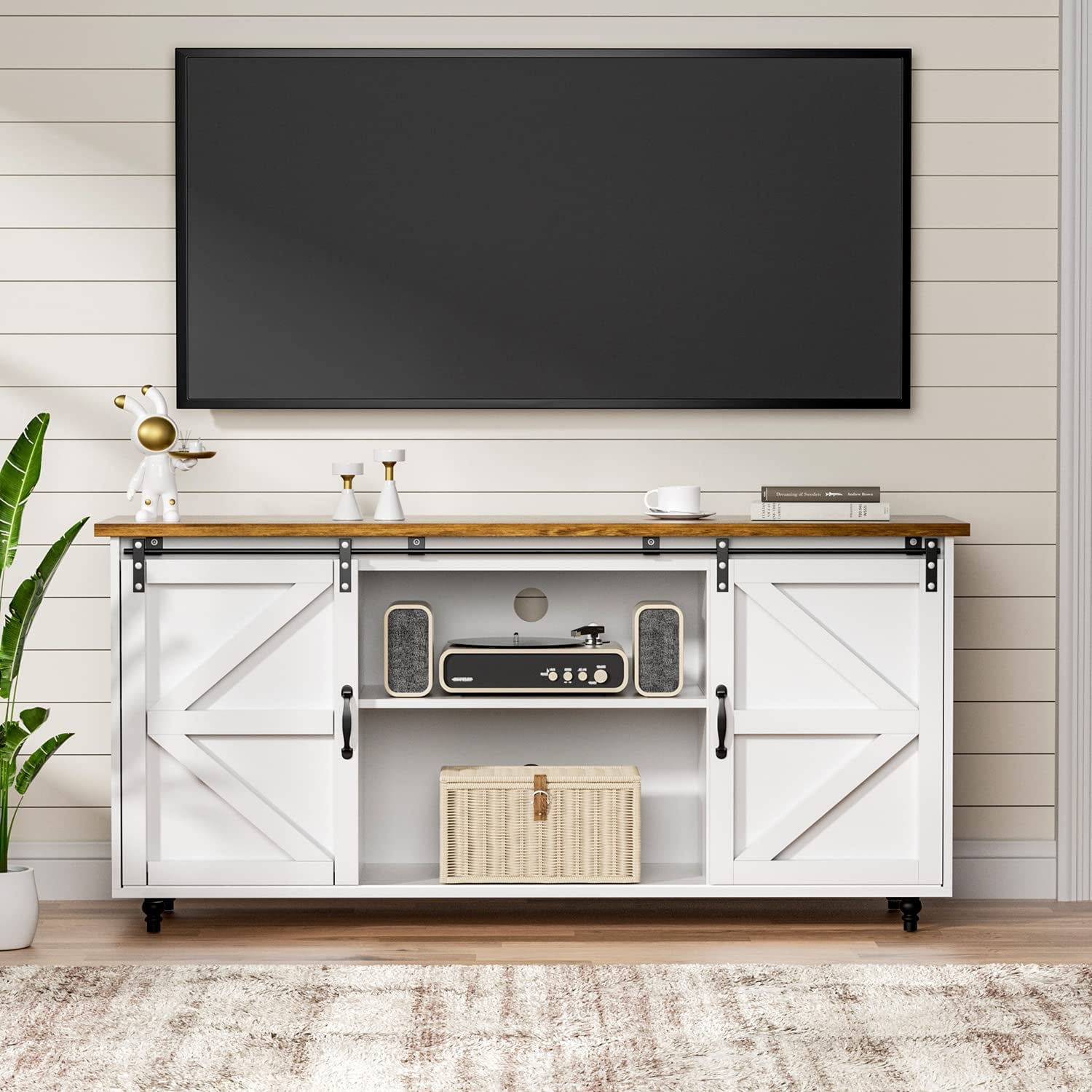 White Farmhouse Coffee Bar with Sliding Barn Door