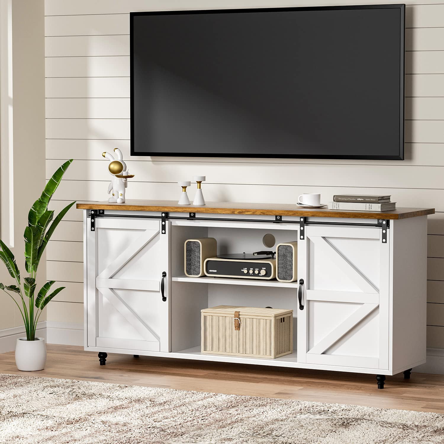 White Farmhouse Coffee Bar with Sliding Barn Door