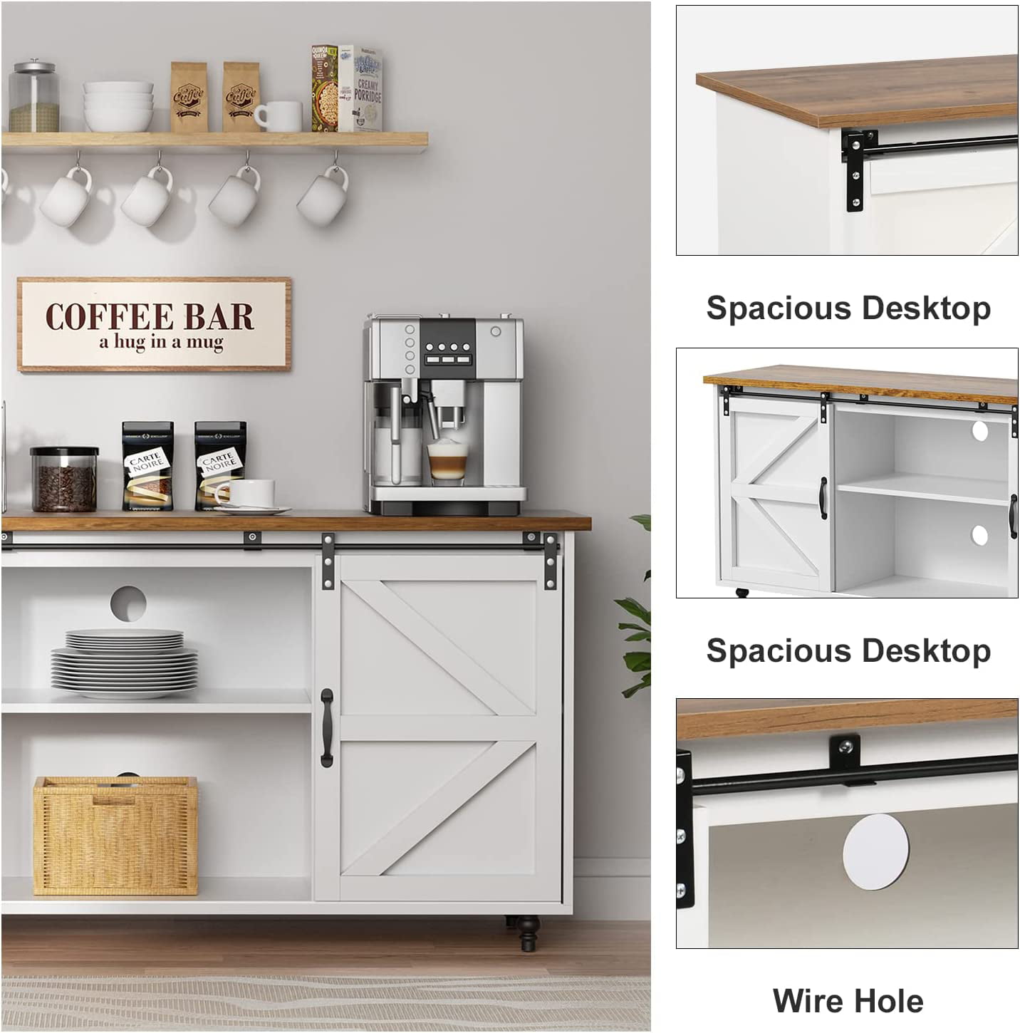 White Farmhouse Coffee Bar with Sliding Barn Door