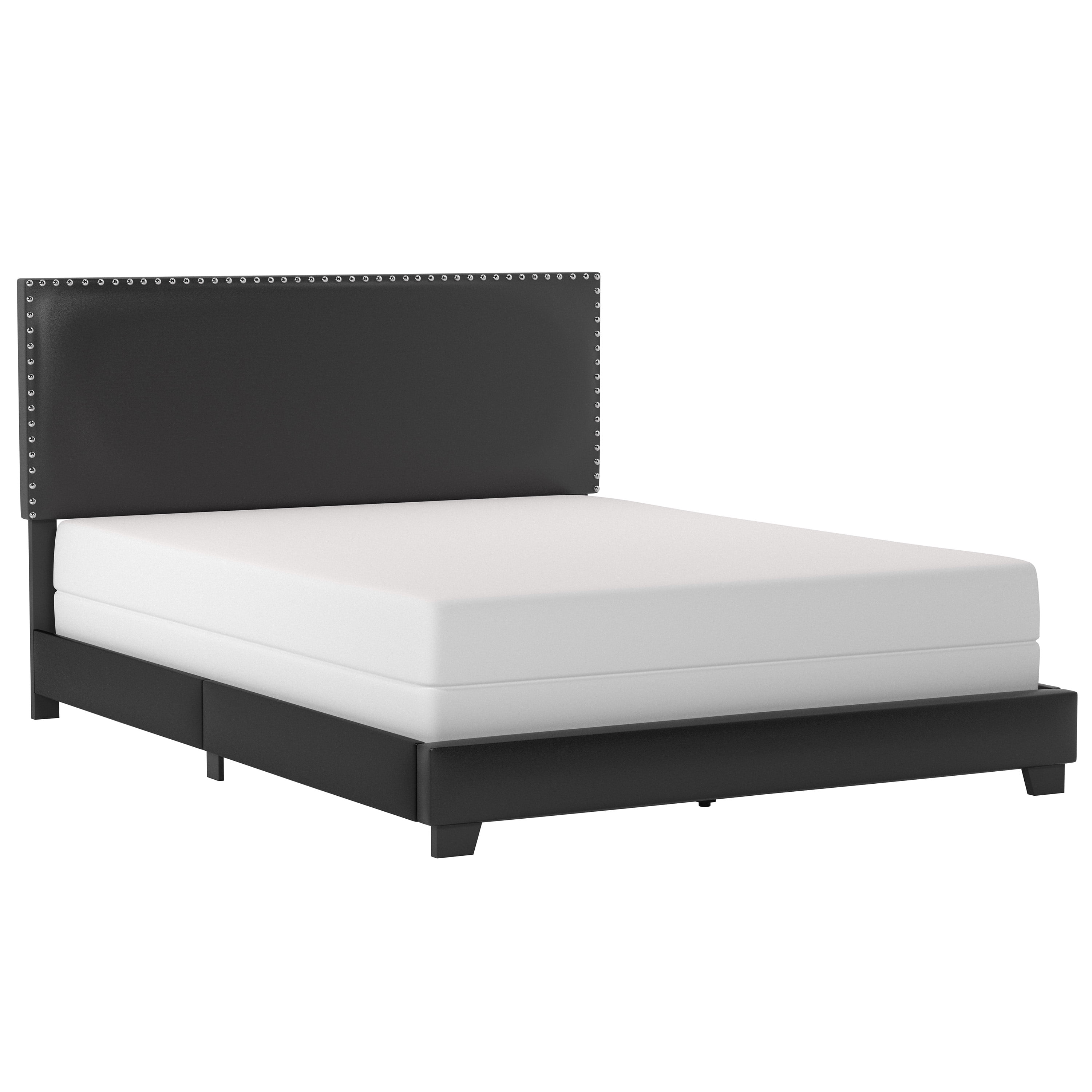 Black Faux Leather Upholstered Queen Bed with Nailhead Trim