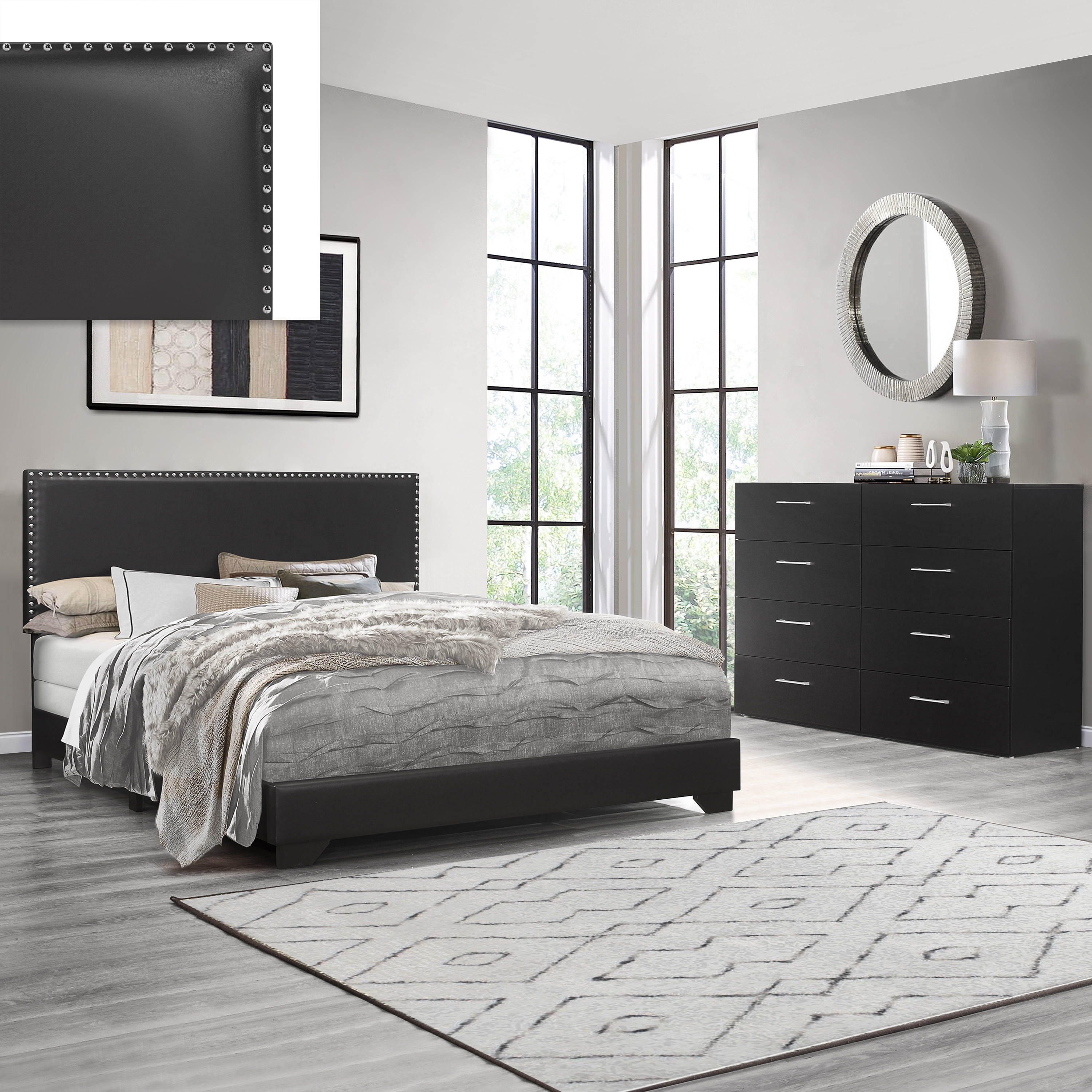 Black Faux Leather Upholstered Queen Bed with Nailhead Trim