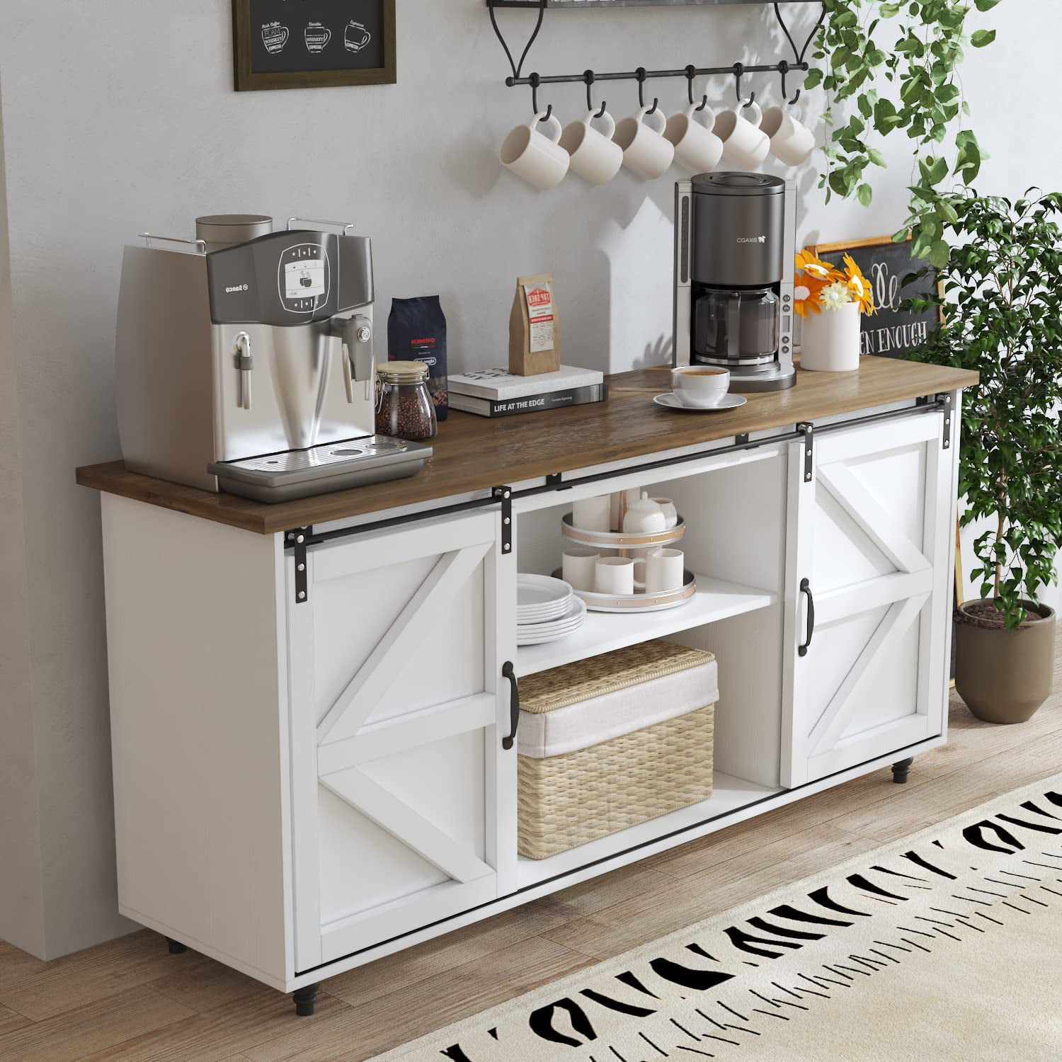 White Farmhouse Coffee Bar with Sliding Barn Door