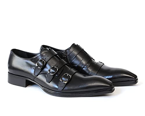 Luxury Italian Black Leather Shoes with Zipper & Buckles