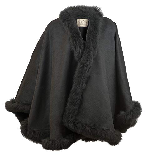 Luxurious Andes Alpaca Wool Cape with Fur_trim (Black)