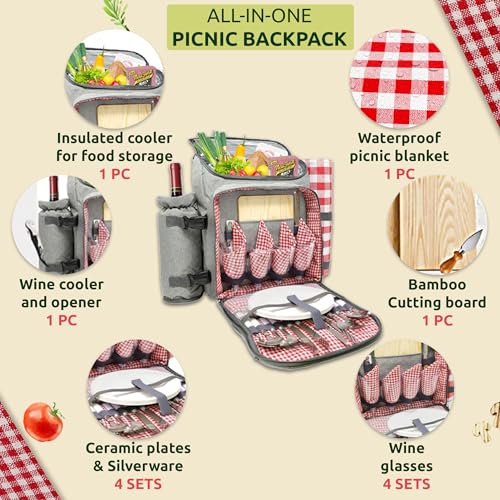 Deluxe Picnic Backpack for 4: Insulated, Gourmet Set