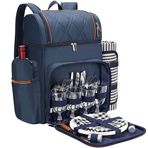 4 Person Picnic Backpack with Leakproof Cooler & Blanket