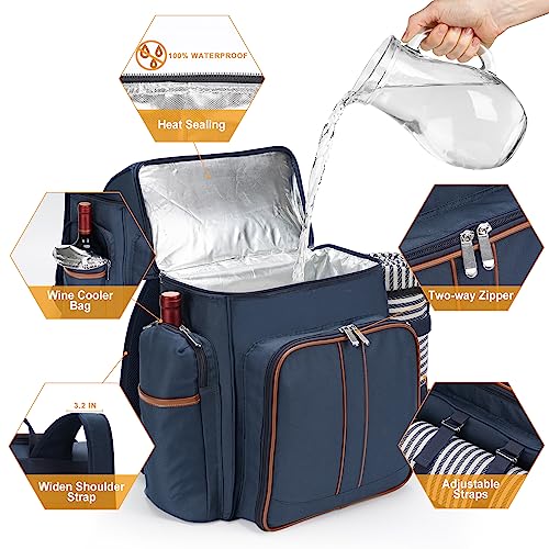 4 Person Picnic Backpack with Leakproof Cooler & Blanket