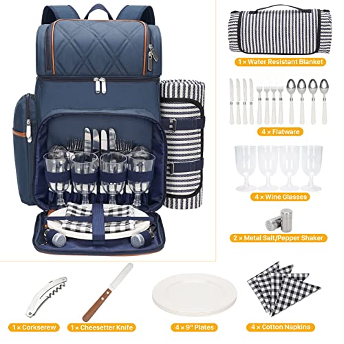4 Person Picnic Backpack with Leakproof Cooler & Blanket