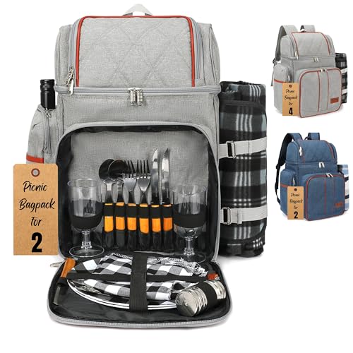 Camping Picnic Backpack for 2 with Insulated Cooler