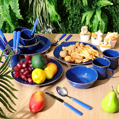 Enamel Camping Tableware Set for 8 with Utensils