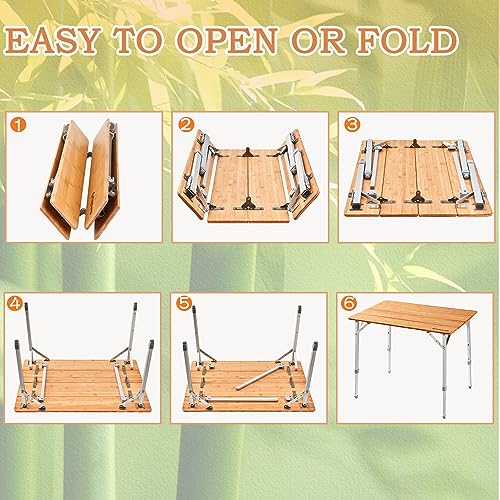 KingCamp Bamboo Folding Table with Adjustable Height & Aluminum Legs