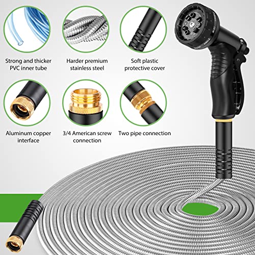 100FT Stainless Steel Heavy-Duty Garden Hose with Nozzle