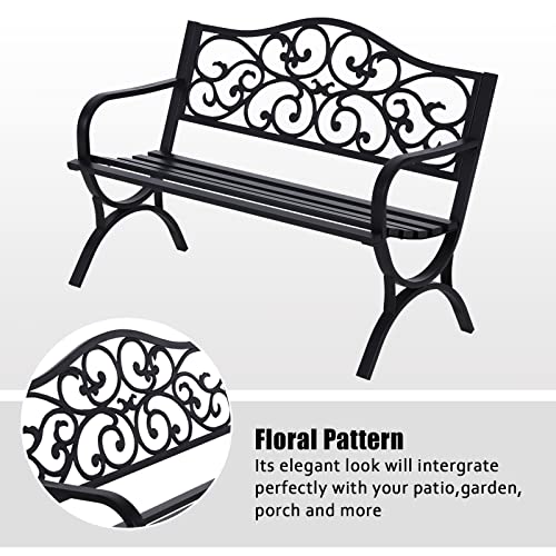 Outdoor Garden Bench with Floral Pattern, Cast Iron Frame