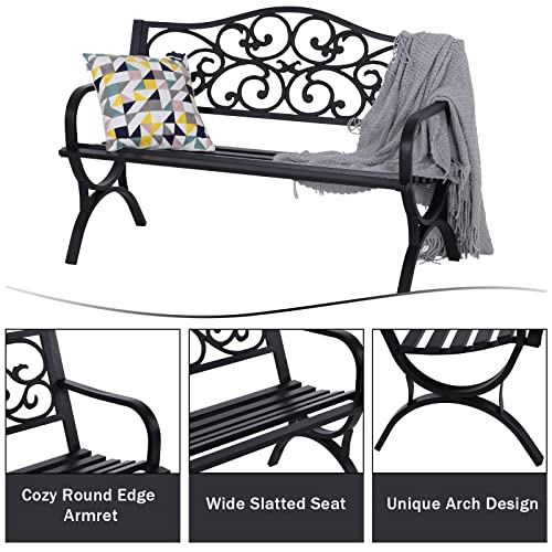 Outdoor Garden Bench with Floral Pattern, Cast Iron Frame
