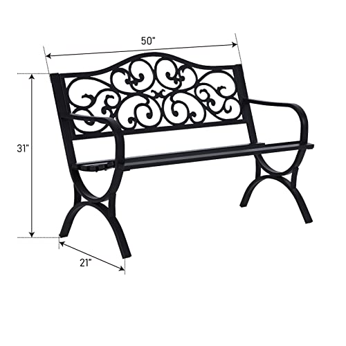 Outdoor Garden Bench with Floral Pattern, Cast Iron Frame