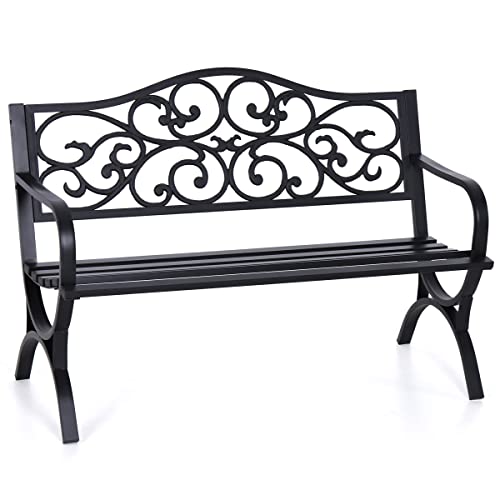 Outdoor Garden Bench with Floral Pattern, Cast Iron Frame
